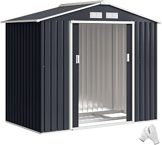 Outsunny 7 x 4ft Metal Garden Shed Waterproof Foundation Kit Dark Grey | Outdoor Bike Storage Shed, Vents, Foundation Kit, Apex Roof, Lockable Double Doors, for Patio Lawn