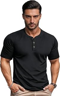 Mens Crew Neck Muscle Lightweight Workout Cotton Summer Gym Athletic Short Sleeve Button Top