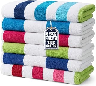Ben Kaufman Terry Cabana Striped Towels - Oversized Towel for Beach & Pool - Soft Cotton Towels with Absorbent Design - Striped Beach & Pool Towels for Adults & Kids - 6 Pack