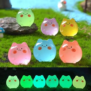 18 Pcs Cat Resin Miniatures Glow in The Dark (6 Colors, 3 Pieces Per Color) Fairy Garden Potted Plants Micro Landscape Decoration