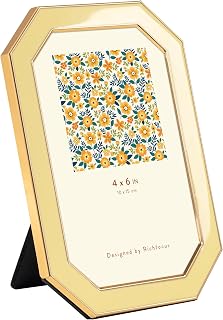 RICHFOCUS 4x6 Enamel Picture Frame with HD-Tempered Glass, Octagon Photo Frame with Gold Metal Edge and Velvet Back for Tabletop and Wall Mount Display, Yellow