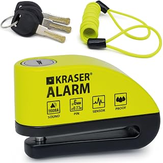 KRASER WA6Y Motorcycle Lock Disc Alarm Lock 110db, Reinforced 3 Keys (2 others) High Security Lock, Waterproof, Reminder Cable 1.5 m, Bag, Spare Batteries, Brake Block 6 mm Universal Motorcycle Scooter Bicycle
