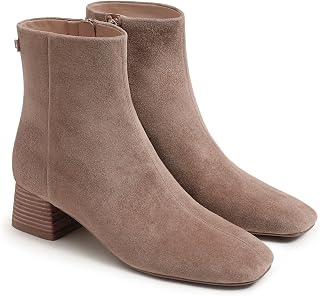 Coutgo Botas de tobillo para mujer, tacón bajo, puntera cuadrada, con cremallera lateral, zapatos de vestir de invierno, Topo, 9.5