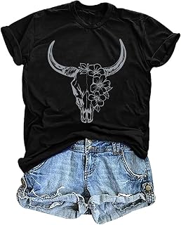 QAUN Cowgirl Shirts for Women Howdy Tshirt Western Bull Skull Summer Tops