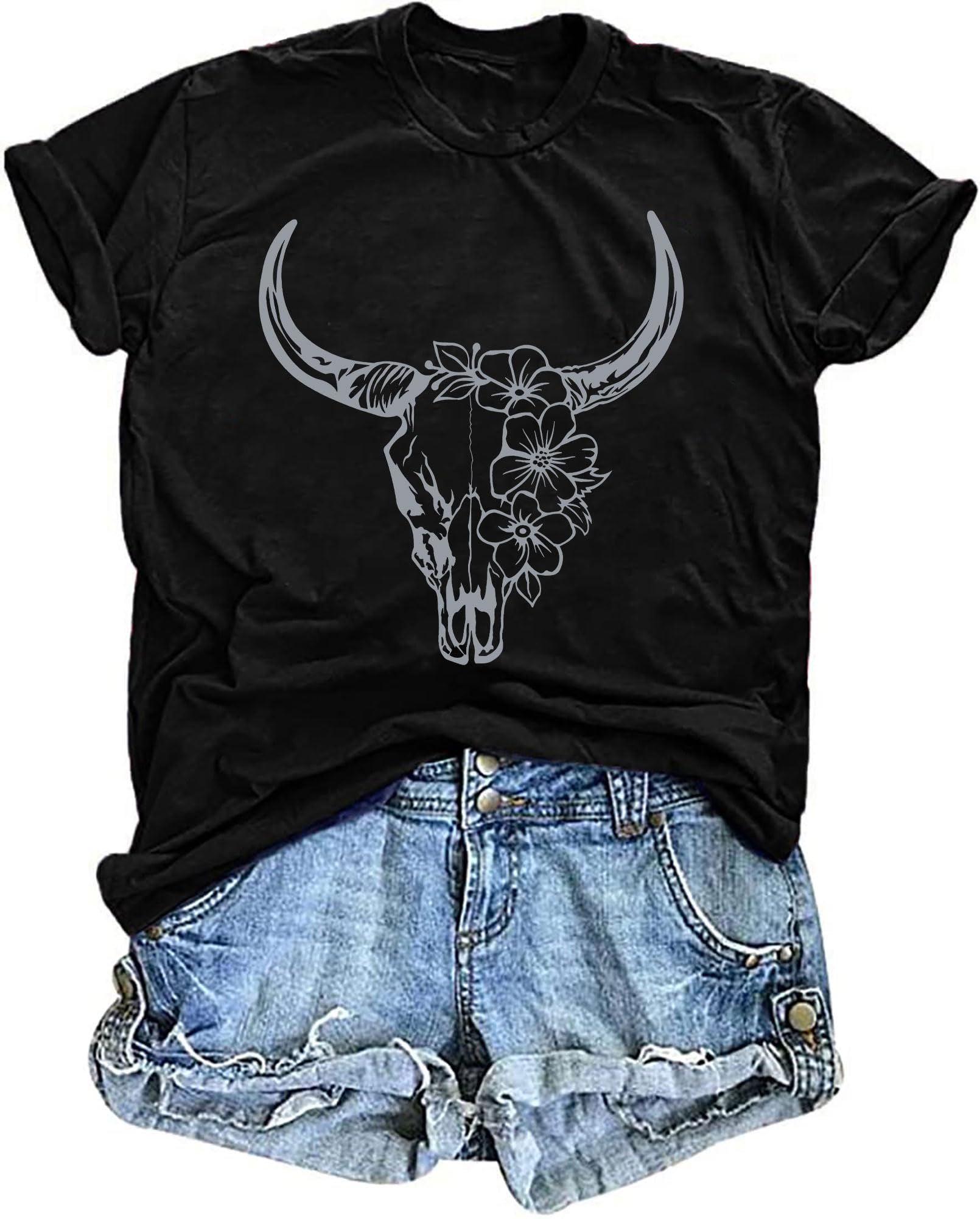 QAUN Cowgirl Shirts for Women Howdy Tshirt Western Bull Skull Summer Tops