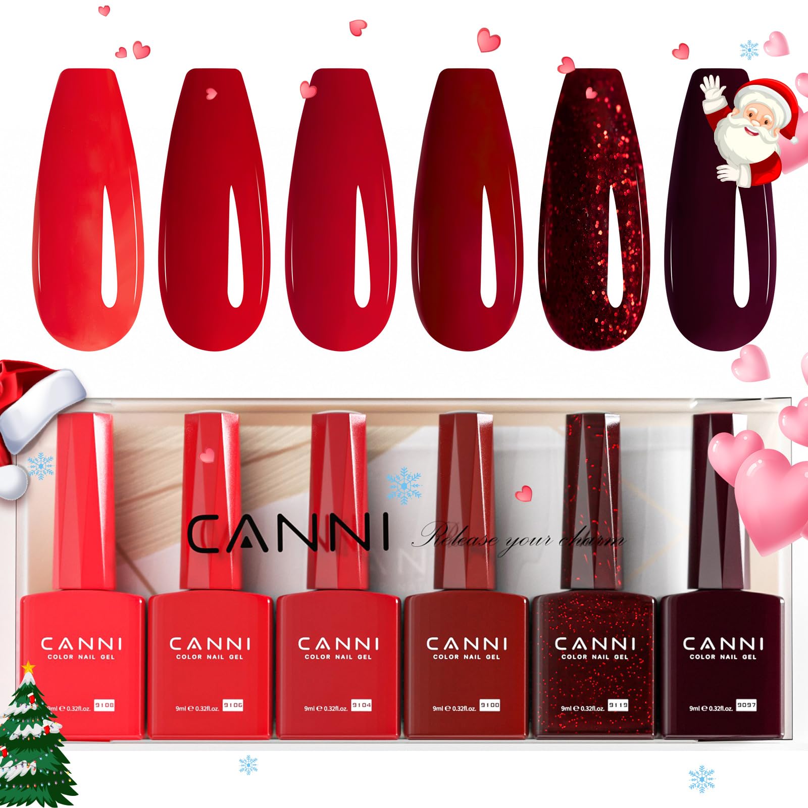 CANNI Semi-Permanent Gel Polish 6 Colours Glitter Red 10 ml | Red Glitter Gltter