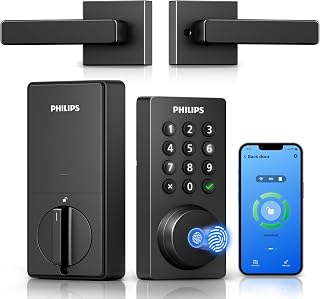 Philips WiFi Keypad Deadbolt with Handle, Built-in WiFi, APP Remote Control | Smart Locks for Front Door, Voice & Fingerprint Unlock, Flexible Codes, Auto-Lock, Backlit Keypad, Come with Door Lever