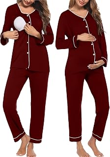 Ekouaer Conjunto de pijama de maternidad con botones y manga larga para lactancia materna con pantalones ajustables, Rojo vino, XL