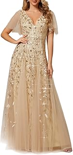 Ever-Pretty Women's Evening Dresses Long Sleeve Ruffle Tulle Leaf Sequins V Neck Chic Burgundy 36