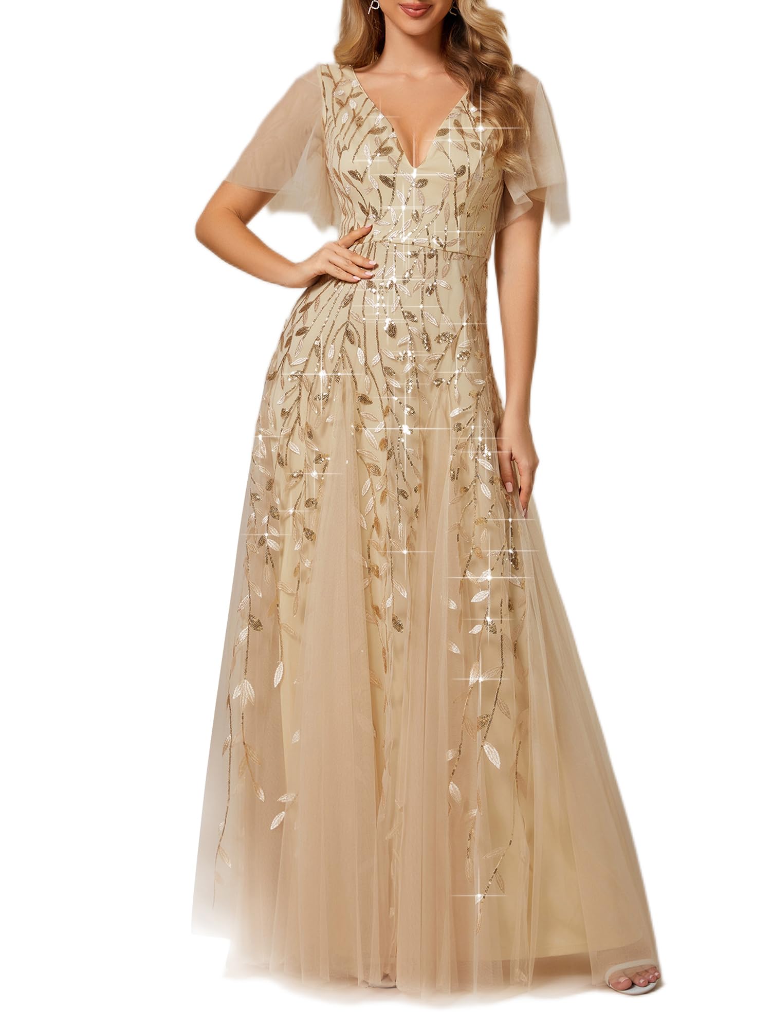Ever-Pretty Women's Evening Dresses Long Sleeve Ruffle Tulle Leaf Sequins V Neck