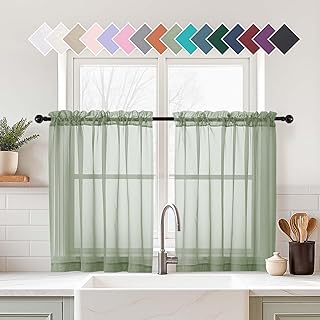 Sage Green Small Sheer Curtains 2 Panels Set, Kitchen Curtains 36 Inch Length, Elegant Light Filtering Short Window Drapes for Living Room Bedroom, Dual Rod Pocket Design, 2x42Wx36L Inches