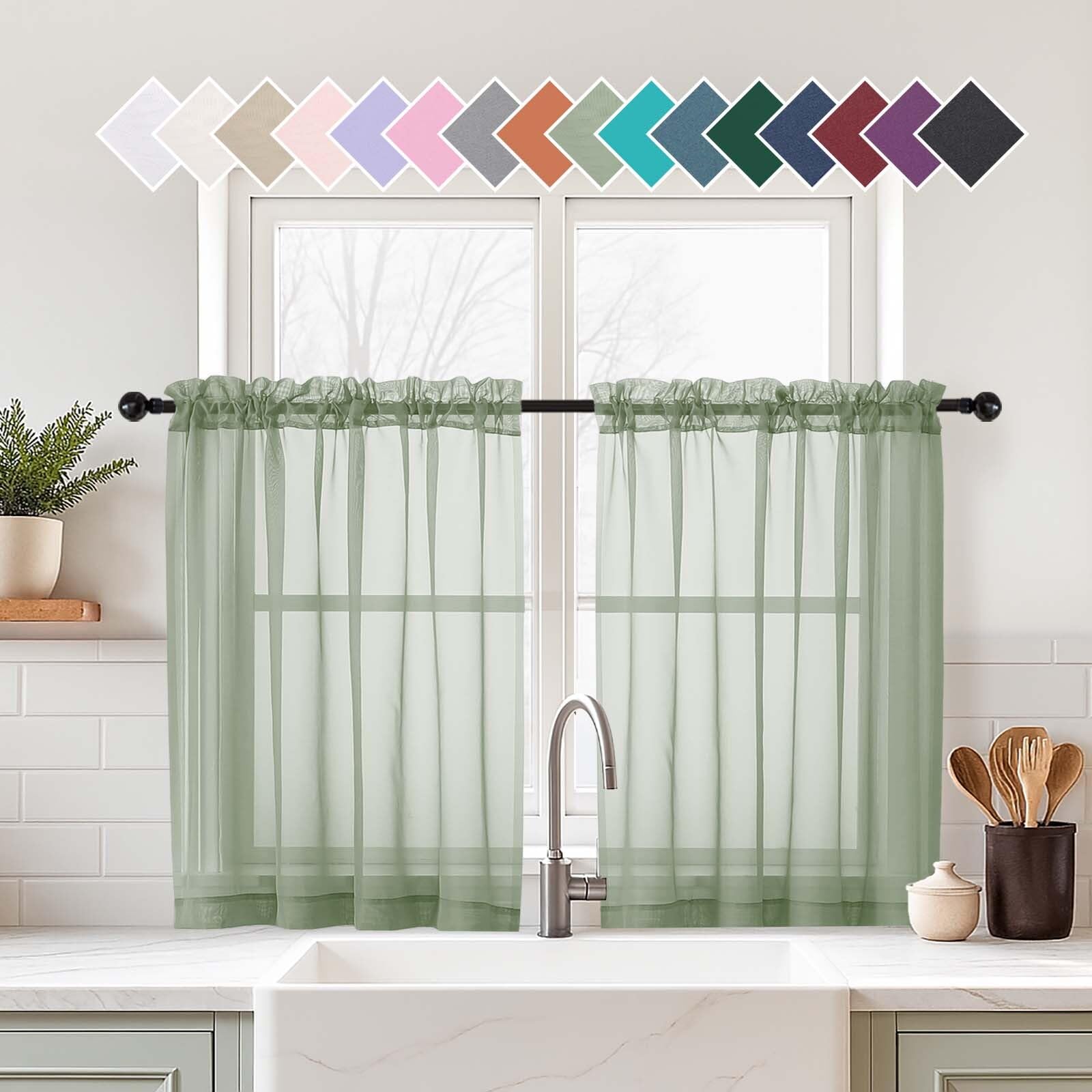 Sage Green Small Sheer Curtains 2 Panels Set, Kitchen Curtains 36 Inch Length, E