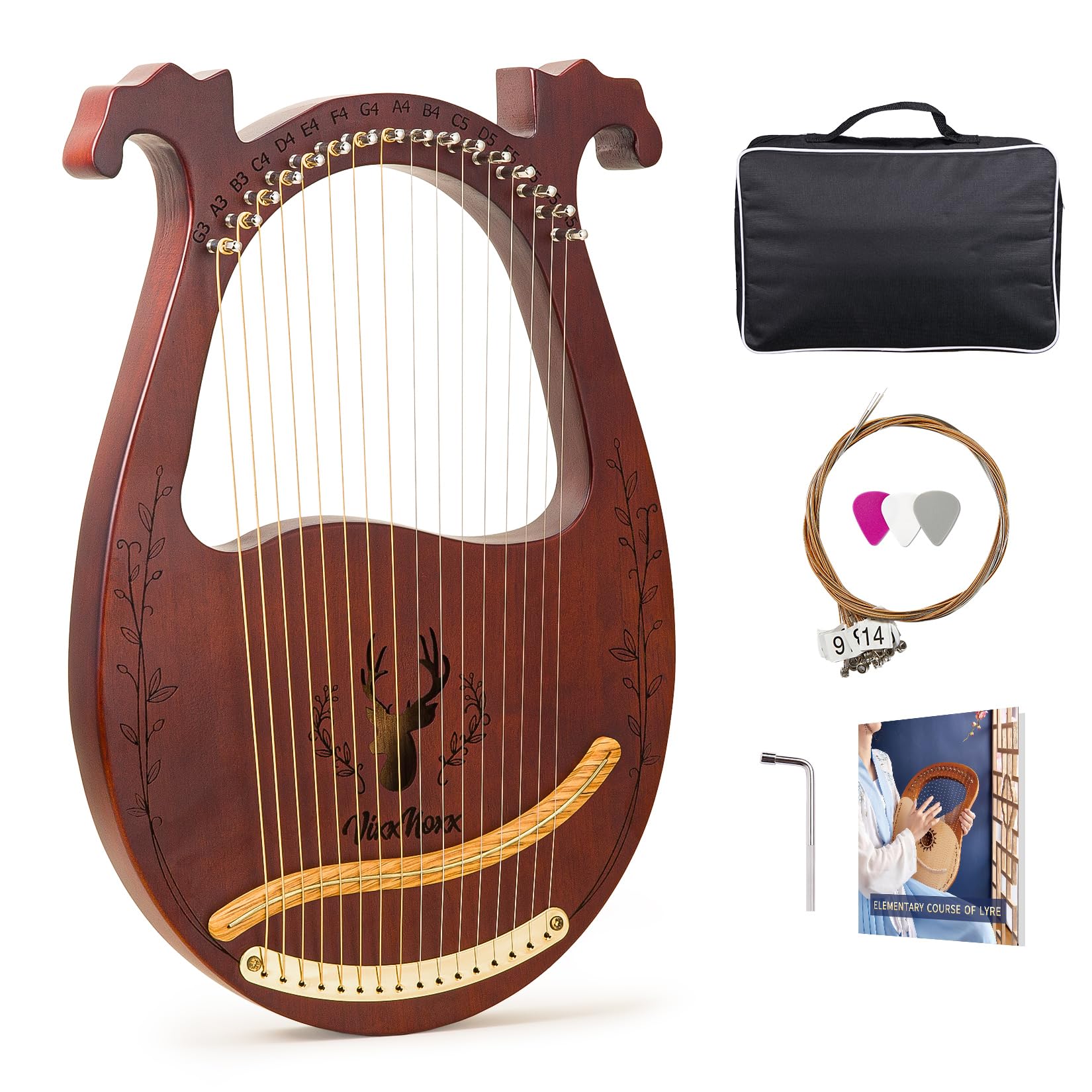 VixxNoxx Lyre Harp, 16-String Mahogany Lyra Harp Kit for Beginners Adults | Stri