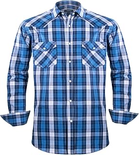 Men’s Western Cowboy Shirts-Long Sleeve Snap Button Plaid Shirt, Regular Fit Cotton Casual Shirt