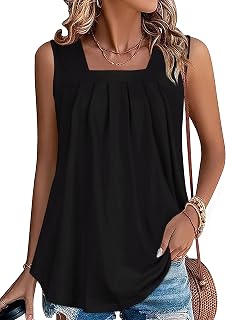 JOLIGAL Womens Tank Tops Summer Square Neck Pleated Sleeveless Top Casual Loose Fit Basic Shirts