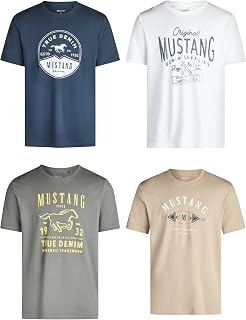 Mustang Men's T-shirt, Pack of 4, Front Print, Round Neck, Short Sleeves, Regular Fit, 100% Cotton, Black, White, Grey, Blue, Green, S, M, L, XL, XXL, 3XL, 4XL, 5XL, 6XL