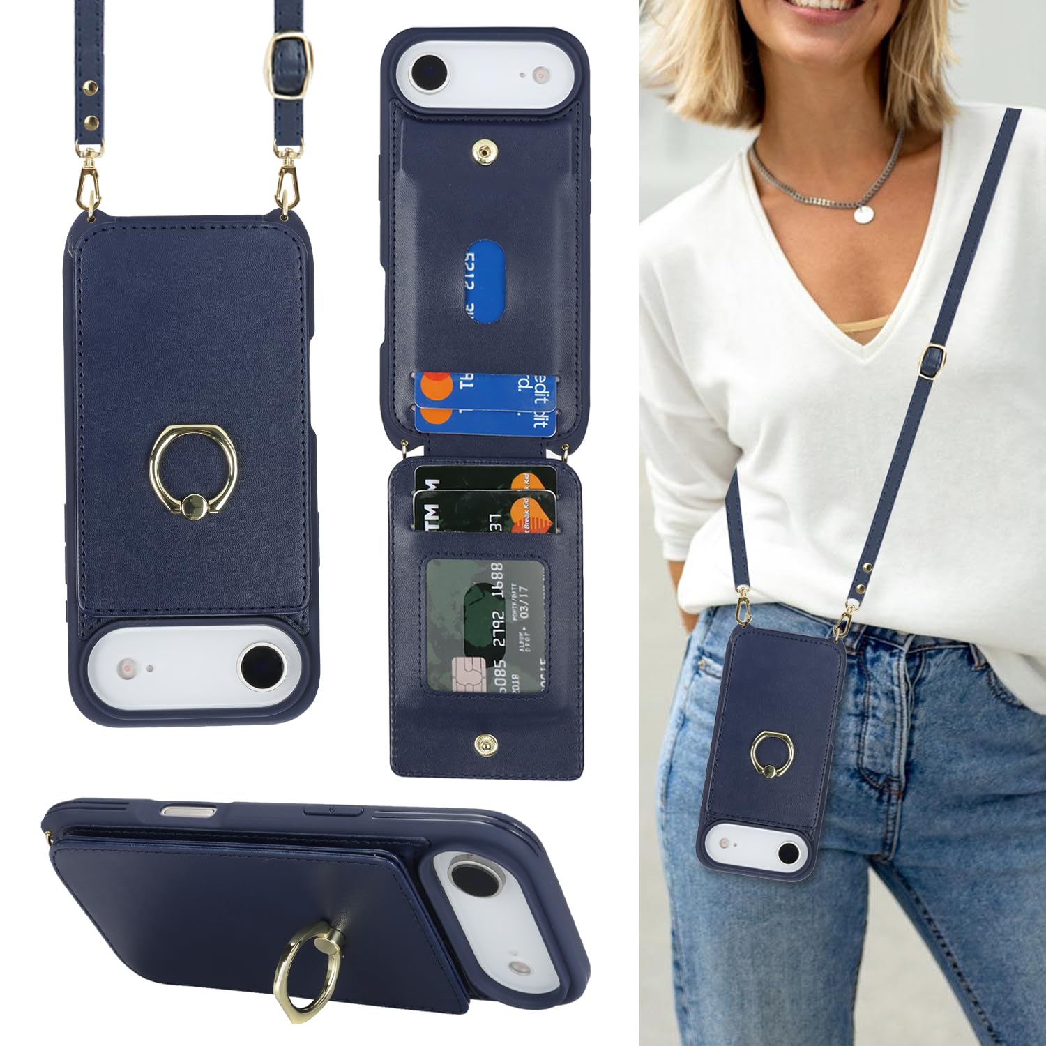 Lipvina Crossbody Wallet for iPhone Air Case with Strap-Dark Blue