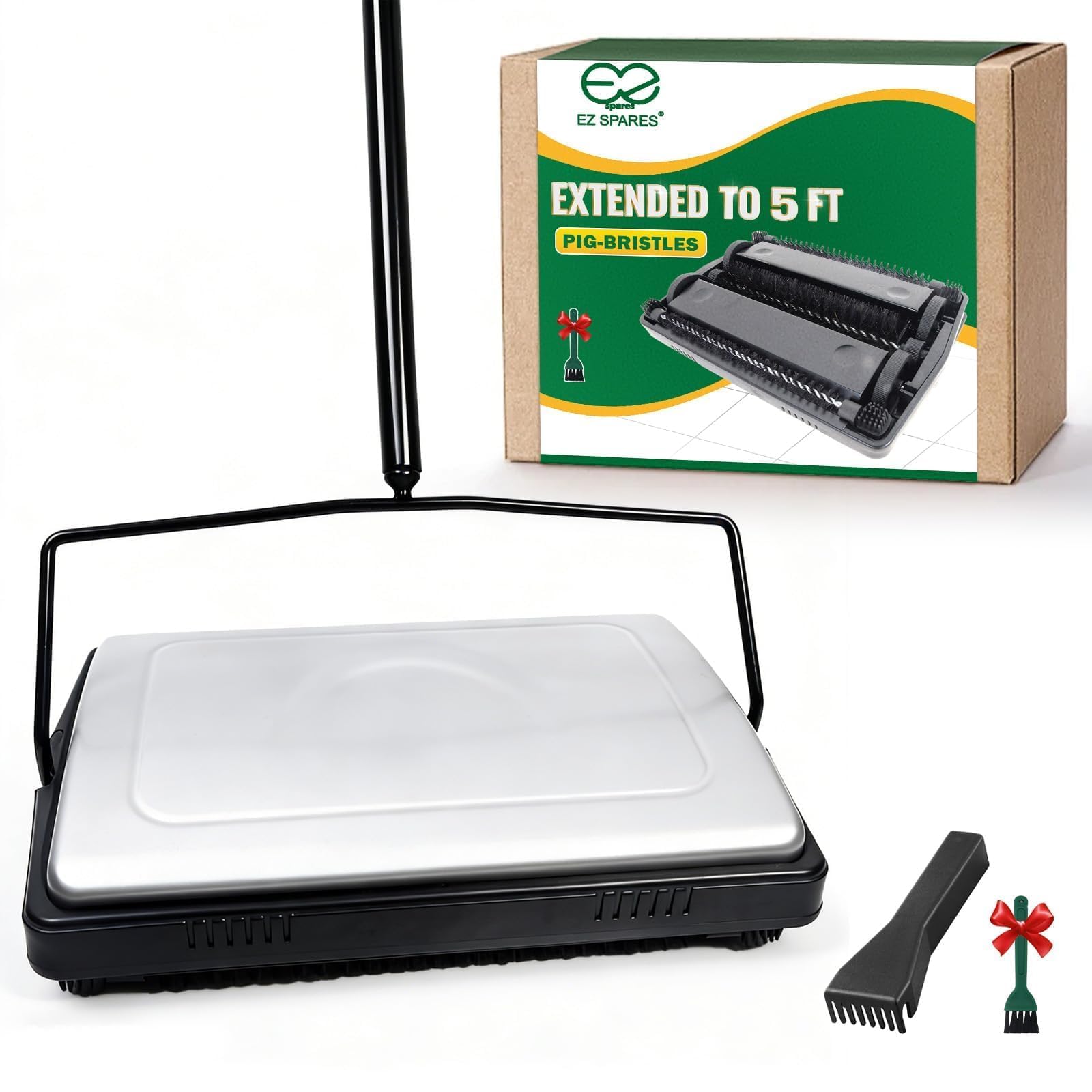 EZ SPARES Quiet Carpet Sweeper,Extended 5FT-4 Section Pole,Floor Sweeper Horseha