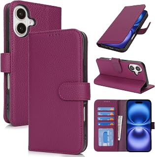 Zouzt Leather Wallet Case for iPhone 16, 4 Card Slot, Rose Purple
