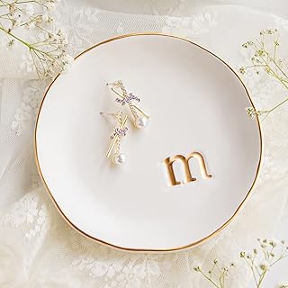 COLLECTIVE HOME Ceramic Jewelry Tray, Trinket Dish, Gifts for Women (M) | Mother's Day, Birthday, Christmas, Engagement Gifts, Vanity, Nightstand Decor, Embossed Gold Monogram Ring Dish with Gift Box