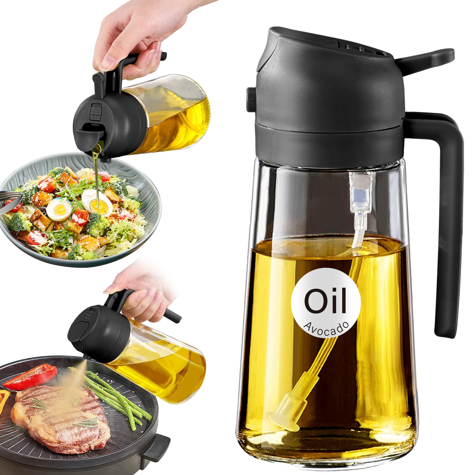 YARRAMATE 16 oz 2-in-1 Glass Olive Oil Sprayer for Cooking, Black | Food-grade d