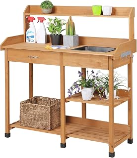 Yaheetech Potting Bench with Sink & Drawer, Outdoor Gardening Table, Wood | Fir Wood Planting Table with 132 lb Weight Capacity, Basin, Storage Drawer, Shelves and Hooks Keeps Pots and Tools Organized.