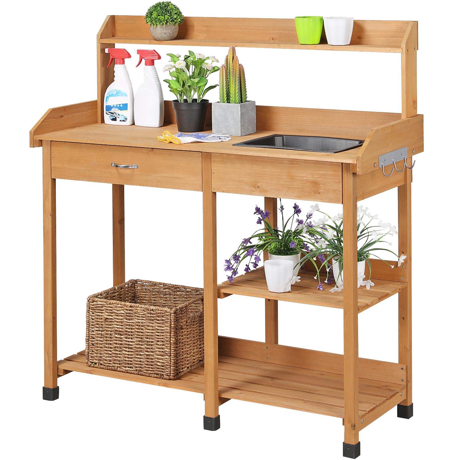 Yaheetech Potting Bench with Sink & Drawer, Outdoor Gardening Table, Wood | Fir 