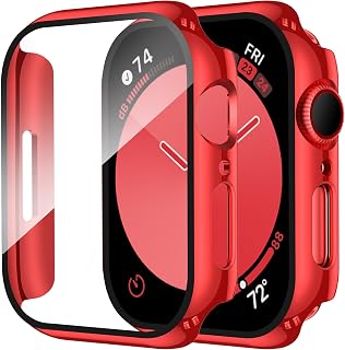 Smiling 2 Pack Case Compatible with Apple Watch Series 9/8/7 41mm with Tempered Glass Screen Protector, PC Hard Case - 1 Red + 1 Clear