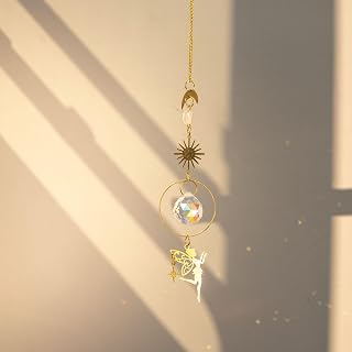 Enchanted Elf SunCatcher with Golden Moon and Crystal Prism Handmade Bohemian Hanging Ornament for Home Decor Unique Gift for Valentine’s Day