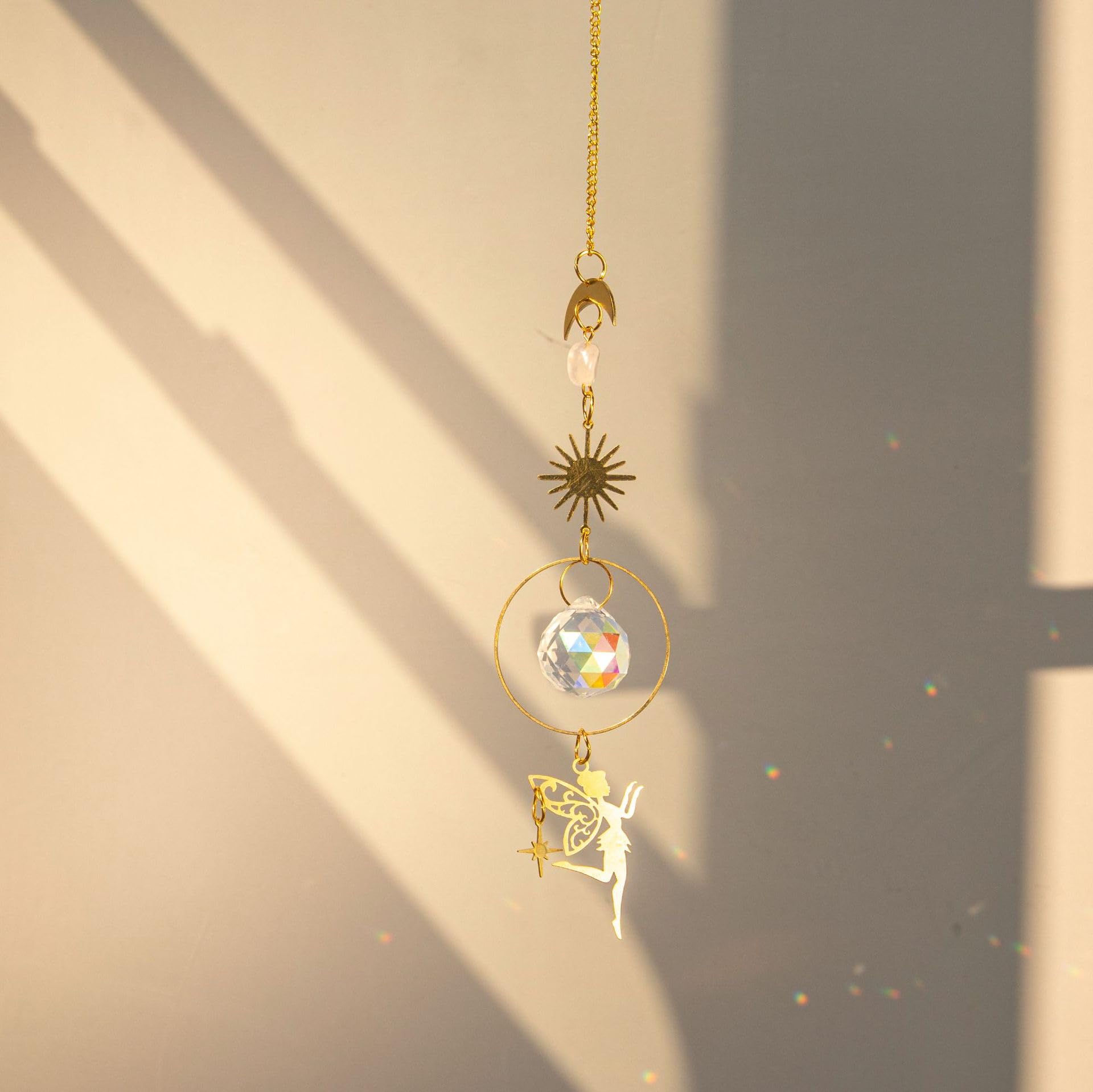 Enchanted Elf SunCatcher with Golden Moon and Crystal Prism Handmade Bohemian Ha