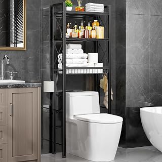 Kalrin Over The Toilet Storage with X Shape Side Guardrail, 3-Tier Over Toilet Storage Rack with Drain Basket, Freestanding Bathroom Organizer for Balcony Laundry (Pure Black)