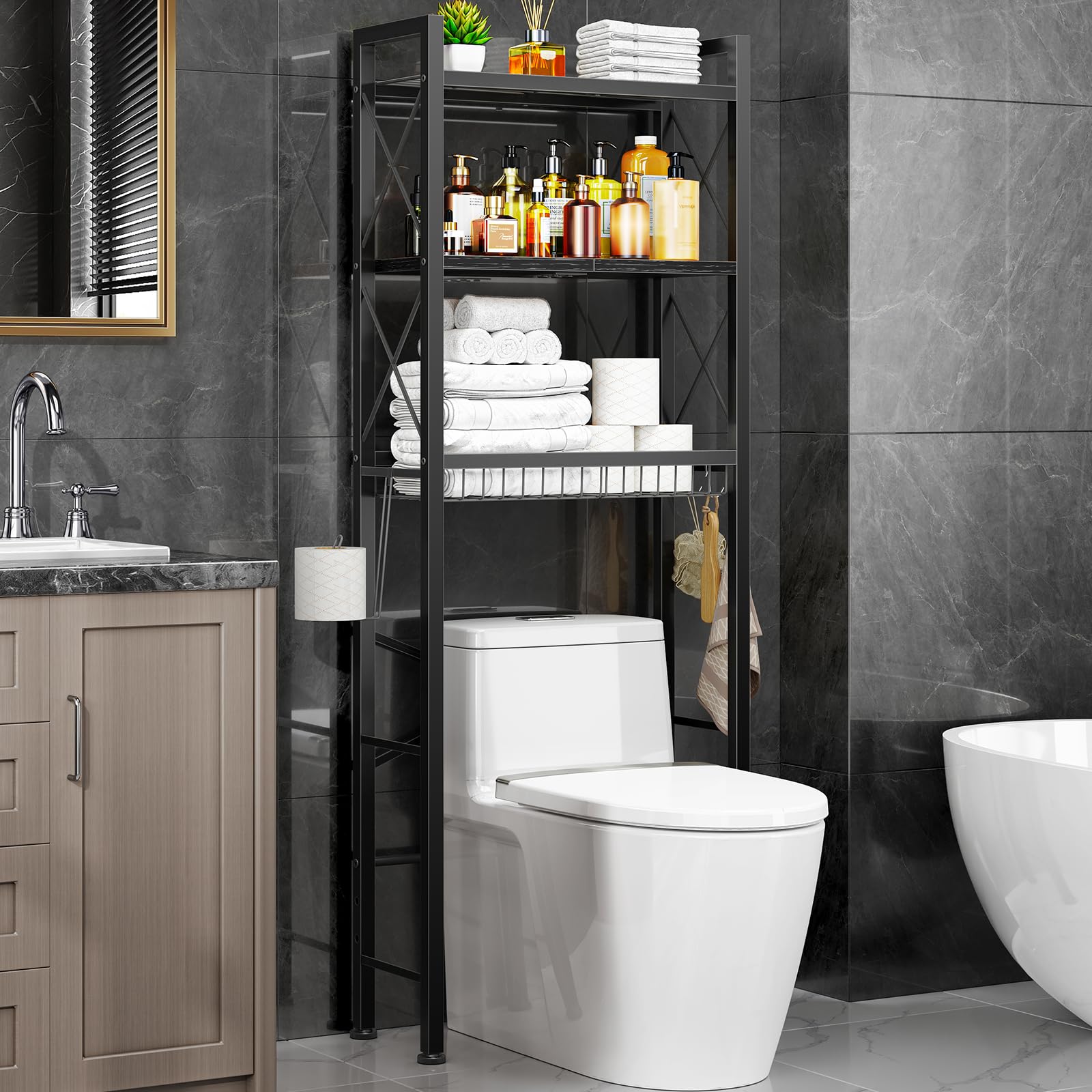 Kalrin Over The Toilet Storage with X Shape Side Guardrail, 3-Tier Over Toilet S