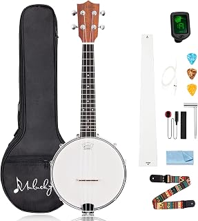 Mulucky 4-String Banjo Ukulele | Banjolele 23" Sapele Wood with Remo Head & Nylon Strings | Dark Brown Travel Kit (Bag, Tuner, Picks) - BU806