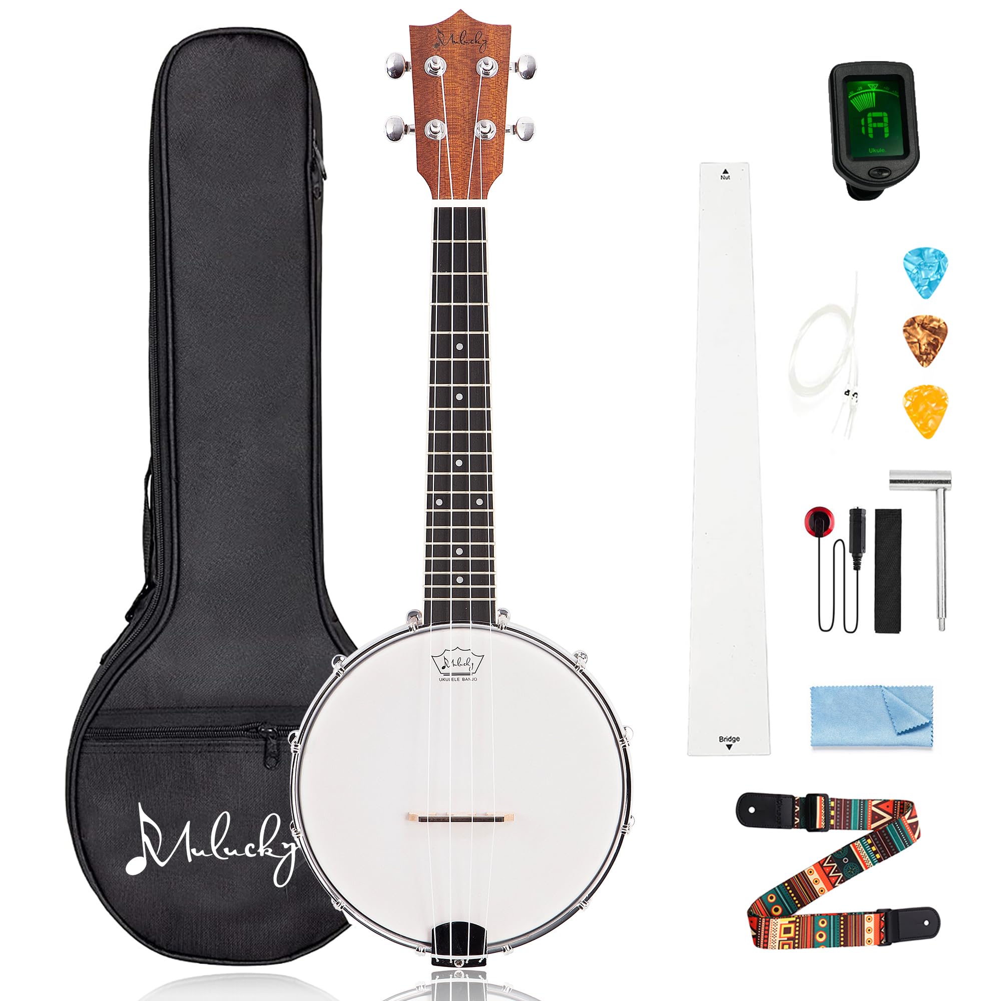 Mulucky 4-String Banjo Ukulele | Banjolele 23" Sapele Wood with Remo Head & Nylo