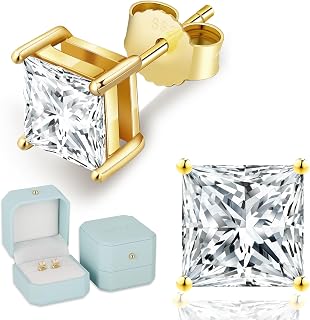 KRKCLIFE Moissanite Studs Earrings for Women Men, Simulated Princess Cut Moissanite Diamond, 925 Sterling Silver D Color VVS1, 14K Gold White Gold Plated, Jewelry Gift, 0.6ct-2ct 3-5.5mm