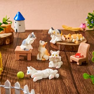 10 Pcs Mini Cat Figures with Small Rein Pet Chair Book Figures for Fairy Garden Bonsai Garden Lawn Flower Pot Car Dashboard Decoration