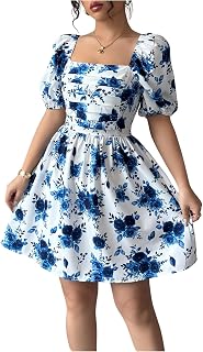 Floerns Women's Floral Dress Puff Sleeve Square Neck Mini Dresses
