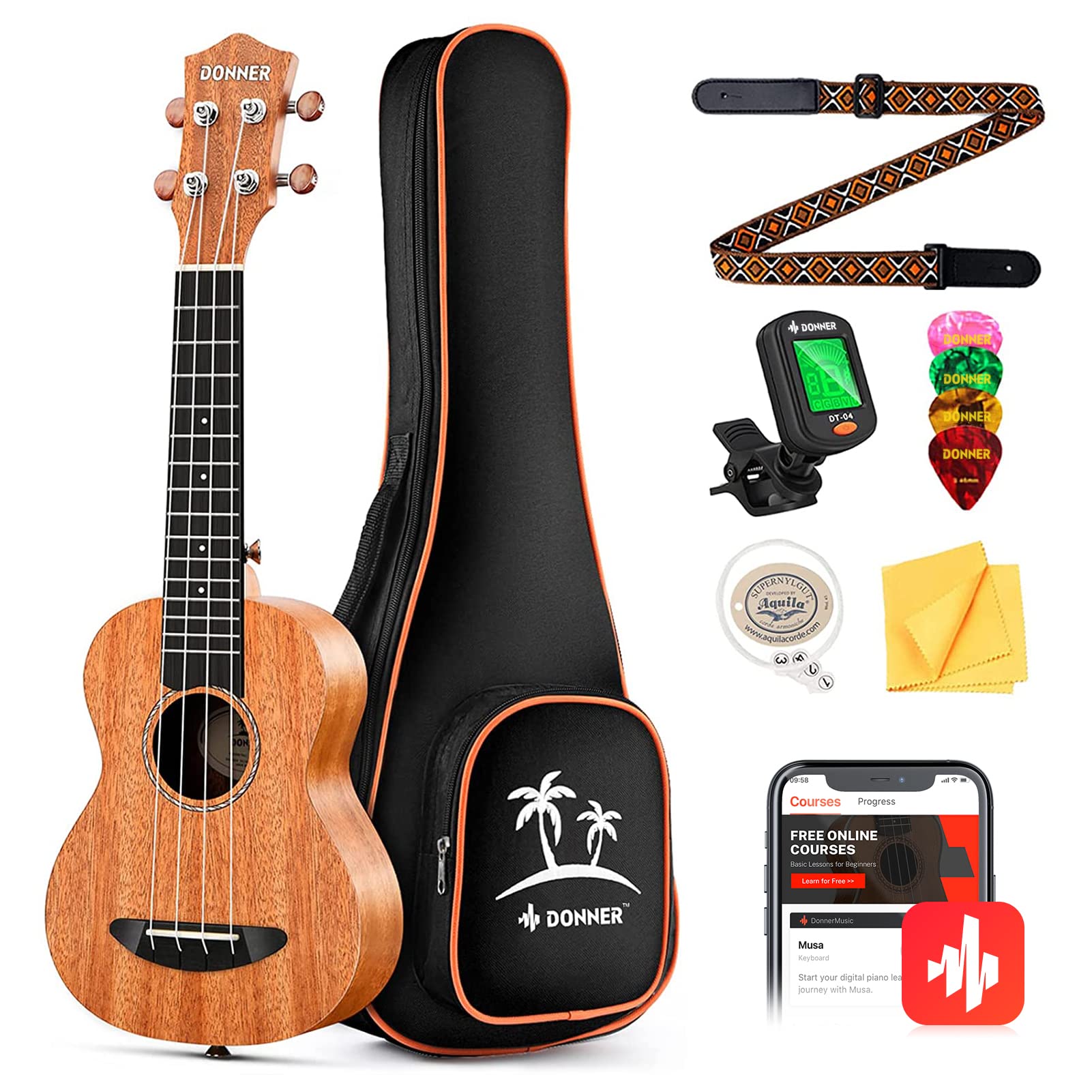 Donner Concert Ukulele Beginner Mahogany 23 Inch Ukelele Kit with Free Online Le
