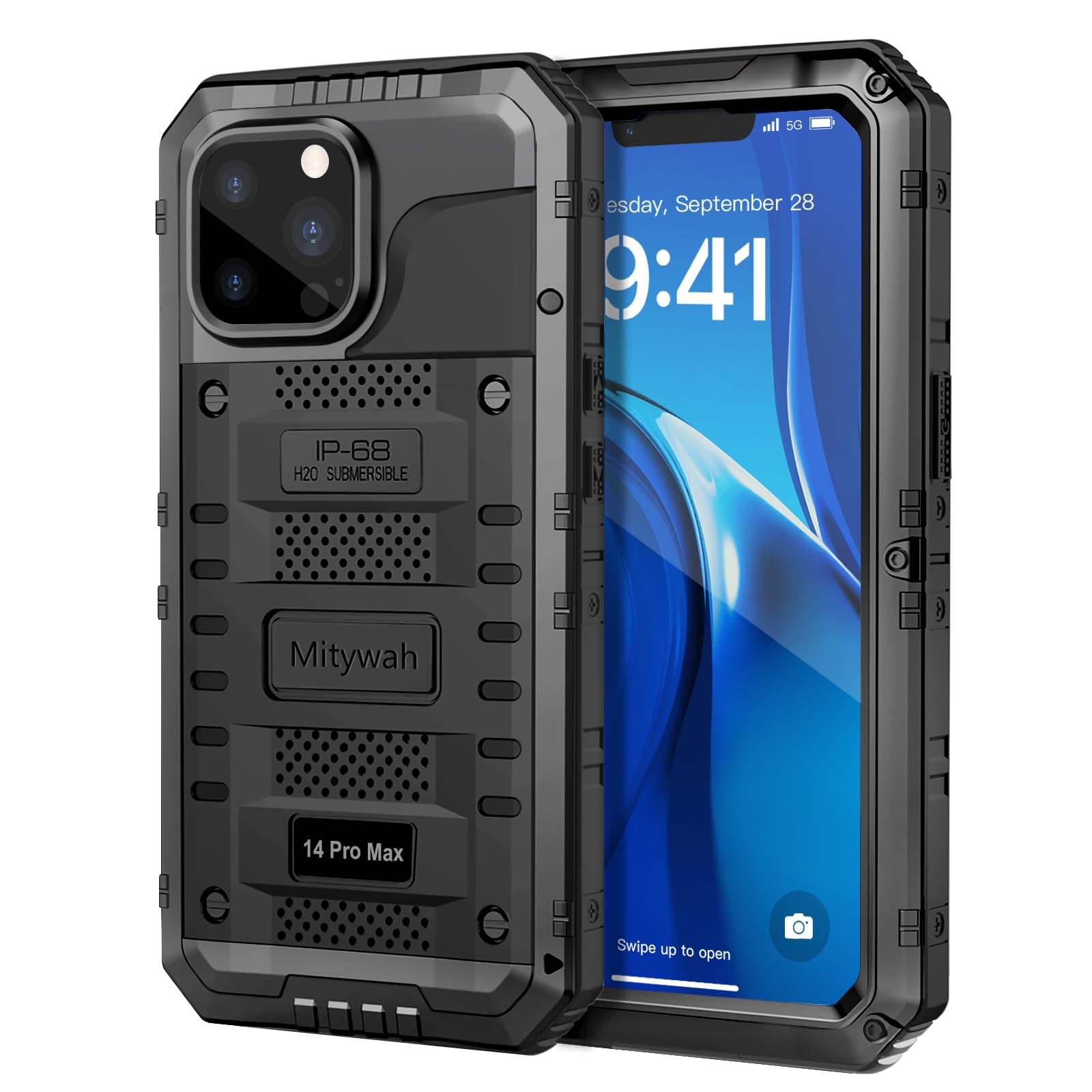 Mitywah Waterproof Case for iPhone 14 Pro Max, Heavy Duty Metal Case with Built-