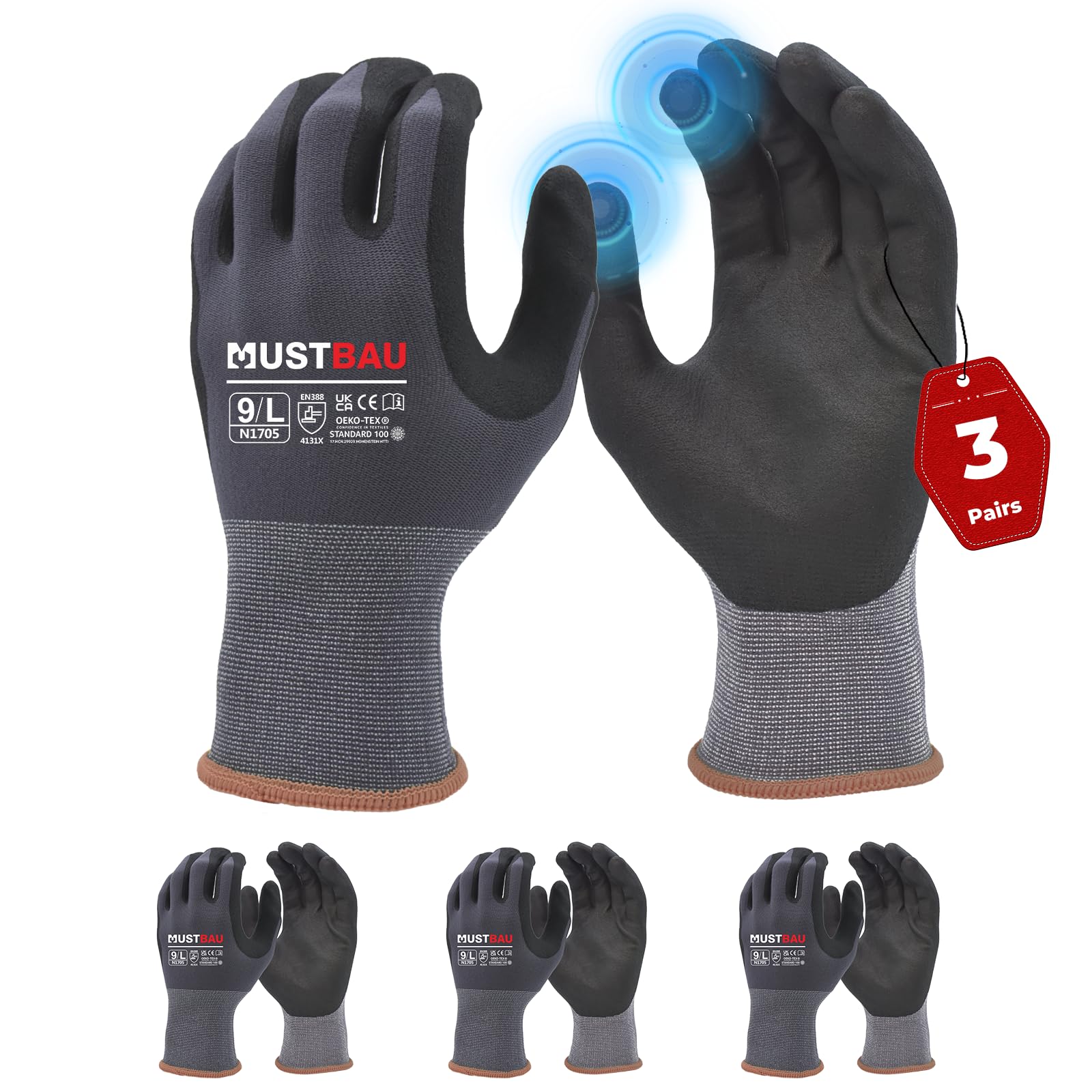 3 Pairs Safety Work Gloves,Non-Slip Gardening Gloves, Abrasion Resistant Nylon W
