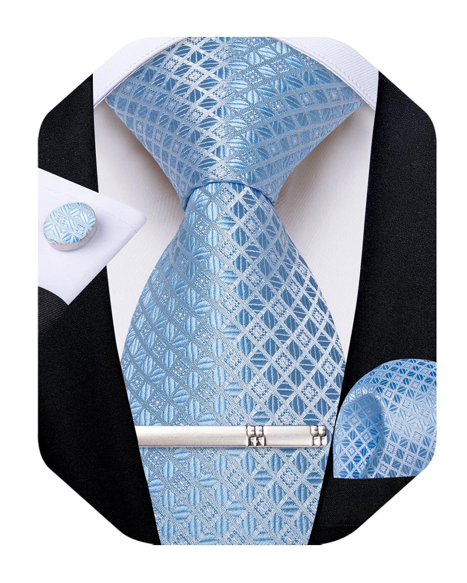 DiBanGu Mens Silk Plaid Tie and Pocket Square Set