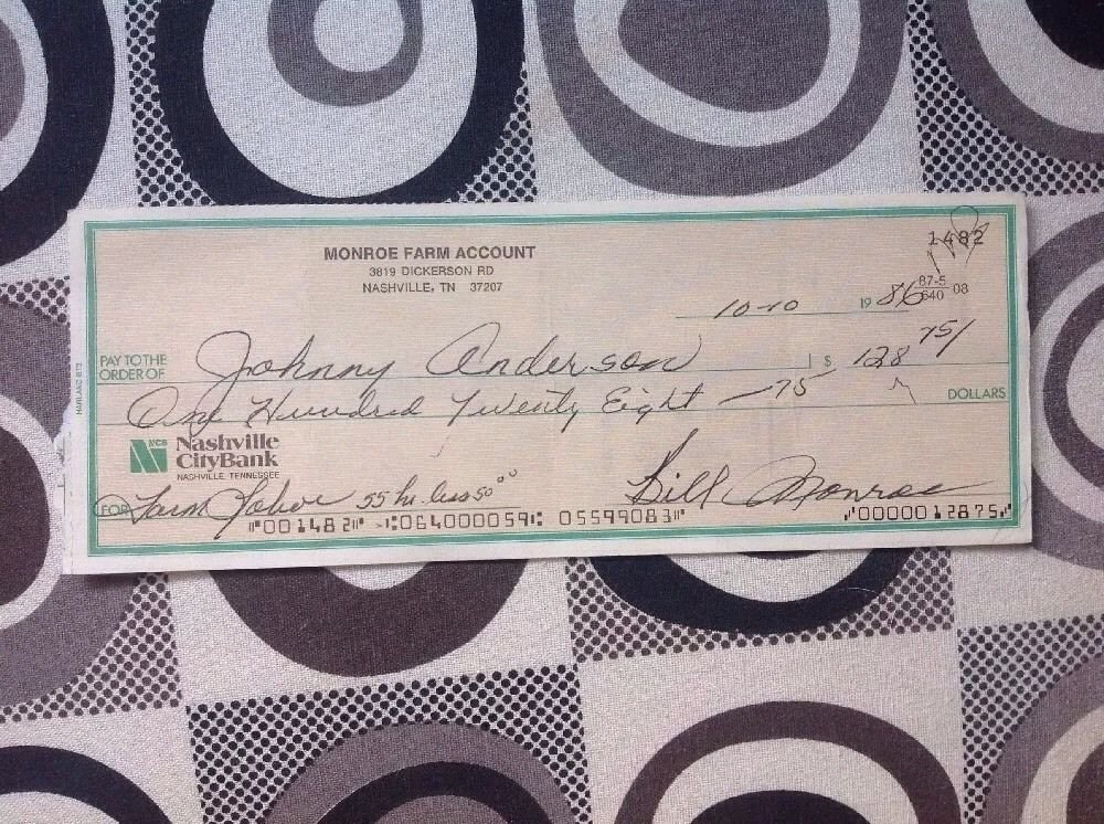 Grand Ole Opry Legend Father Of Bluegrass Bill Monroe Signed Check