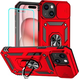 for iPhone 15 Case, iPhone 15 Phone Case with HD Screen Protector: [Military Grade 20ft. Drop Tested] Ring Shockproof Protective Phone Case for - iPhone 15 Red