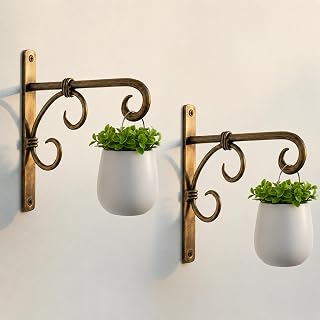 Serenz, Staffa da parete dorata anticata – Confezione da 2, lucidata, in ferro per mangiatoie per uccelli, fioriere, lanterne, campanelli a vento, cesti appesi, ganci decorativi da parete per interni
