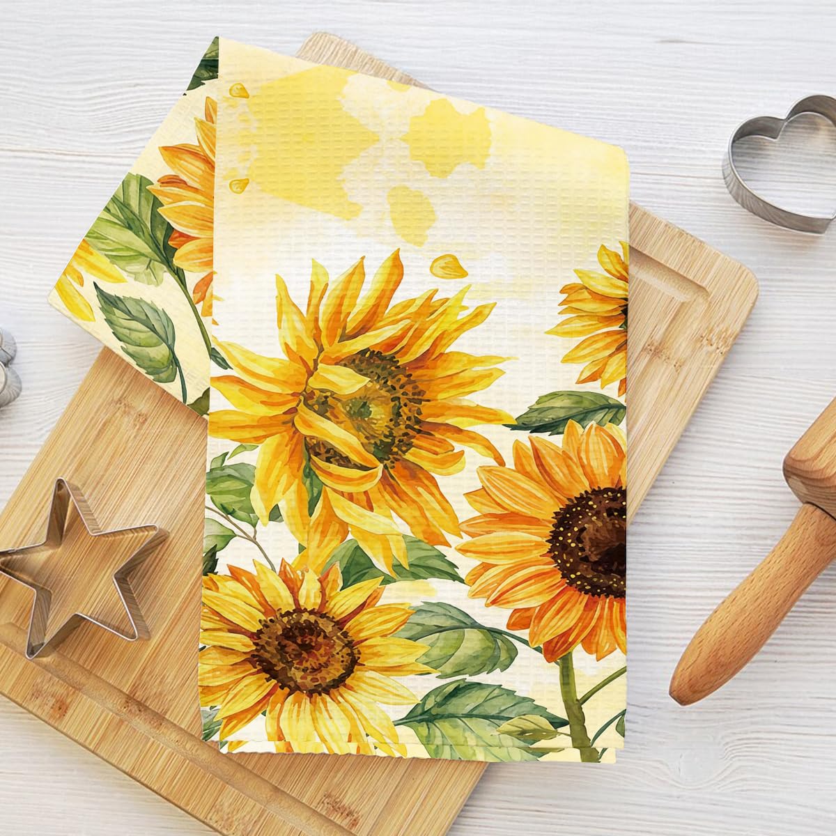 Watercolor Sunflower Kitchen Towels Bright Yellow Floral Print Microfiber Absorb