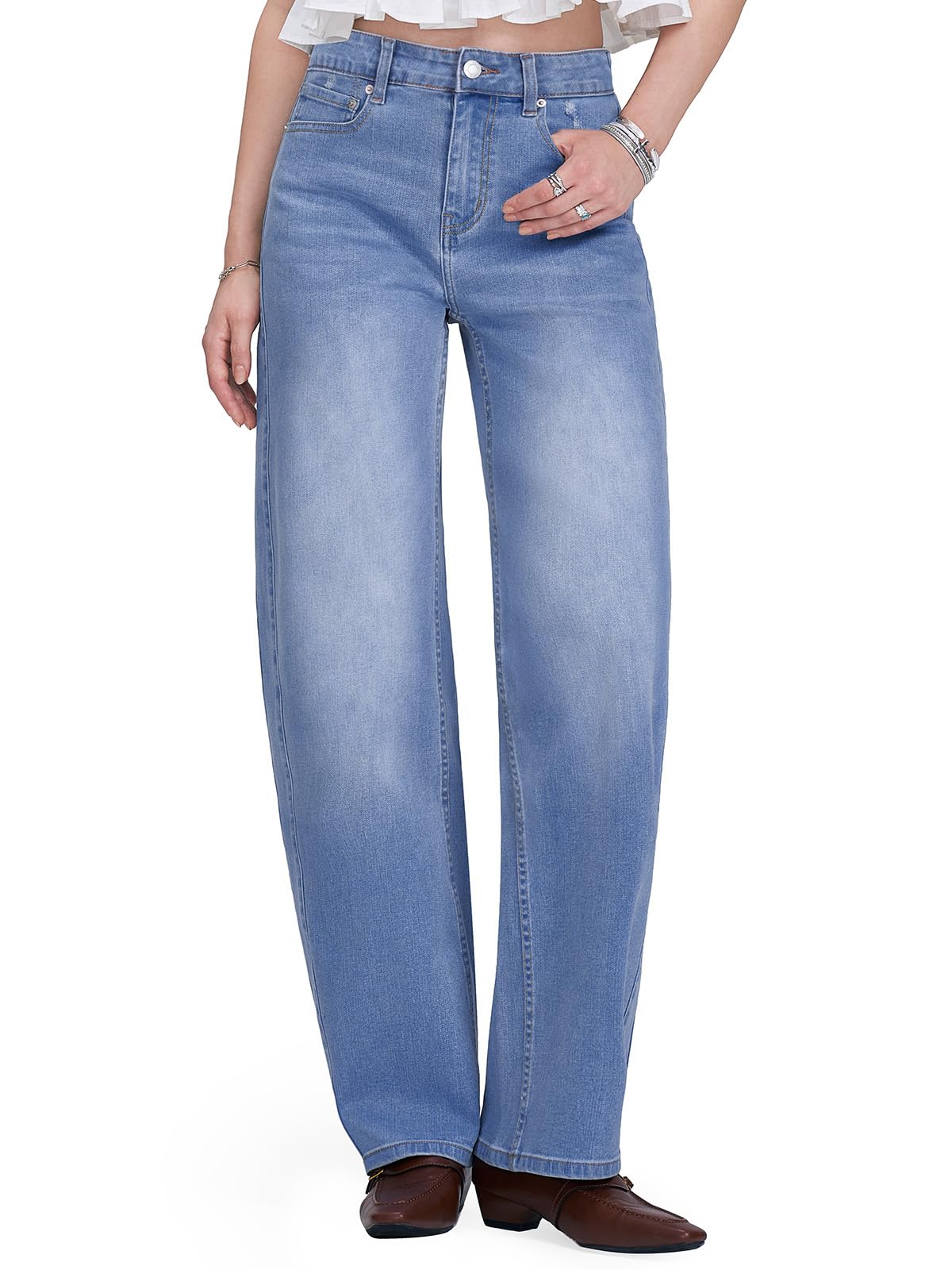 Barrel Jeans for Women, High Waisted Stretchy Trendy Wide Leg Jeans Relaxed Fit 