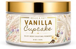 Dusting Powder for Women, Vanilla Cupcake Scented Body Powder, Talc Free 8 oz Powder with Soft Powder Puff, Made in USA