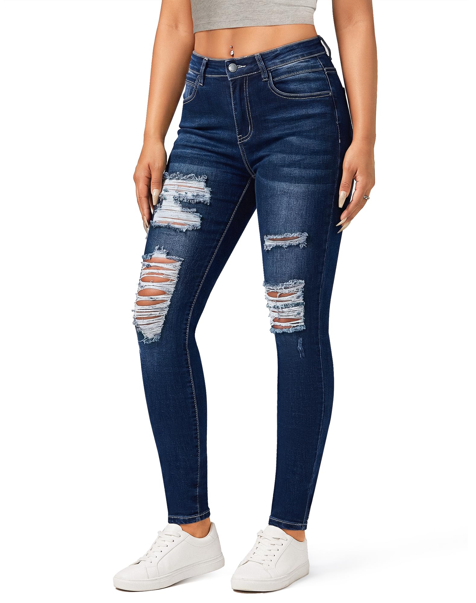 roswear Women's Essentials Ripped Mid Rise Destroyed Skinny Jeans