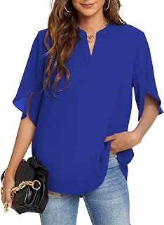 Funlingo Women's Summer Tops Short Sleeve Casual Shirts V Neck Chiffon Dressy Blouse Tops