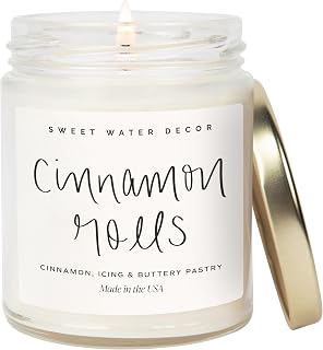 Sweet Water Decor Cinnamon Roll Candle, 9oz Clear Jar, Fall Scent | Cinnamon, Icing & Buttery Pastry Scented Soy Wax Candle, Gold Lid, 40+ Hour Burn Time, Autumn & Holiday Home Fragrance